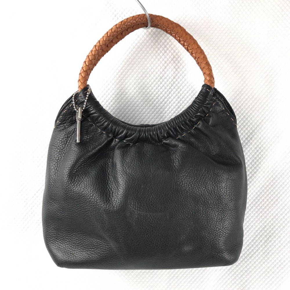 FOSSIL Black Leather Mini Hobo Bag with Woven Tan Handle
